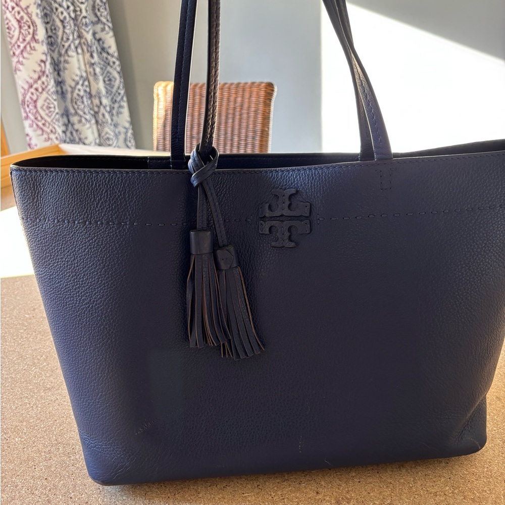 Tory Burch pebble leather  Blue Tote with Tassel. Gorgeous bag!